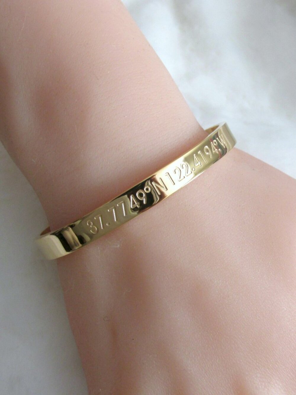 Retro Steel Time 18kt Gold "San Francisco" Coordinates Engraved Cuff Bracelet